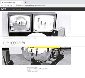 Webpage screenshot with title 'Intermedia Art' over black-and-white image of two television screens, a CCTV camera and a reflective sphere