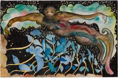 watercolour painting of a dark skinned figure smiling, floating in the sky with leaves