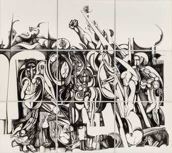 ​Ibrahim El-Salahi, ‘The Inevitable’, 1984-85, India ink on Bristol board, Nine panels, overall: 17ft. 5½ in. x 19ft. 9¾ in. (532.1 x 603.9 cm). Herbert F. Johnson Museum of Art, Cornell University.​