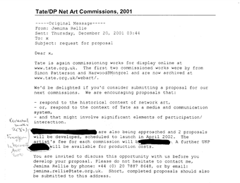 Scan of an email to Jemima Rellie inviting Rellie to submit a proposal as part of Tate commissioning new works of Net Art for display on its website